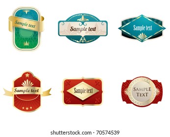 Six labels with red green and gold