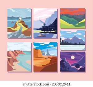 six landscapes scenes work art