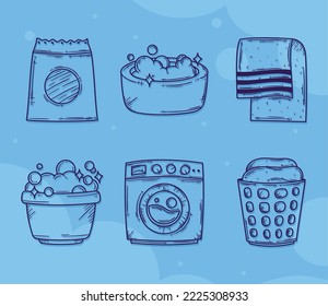 seis iconos del conjunto de servicios de lavandería