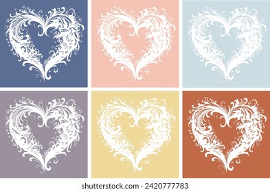 Six leafy texture white love hearts on a 2024 trendy pastel background colours . Vector illustration. Valentine's day card 