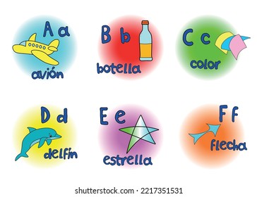 Six Letters Of Spanish Alphabet With Upper And Lower Case Letters And Example Words With Pictures; Vector Design For Teachers, Schools, Lessons