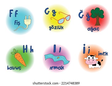 Six Letters Of Turkish Alphabet With Upper And Lower Case Letters And Example Words With Pictures; Vector Design For Teachers, Schools, Lessons