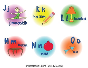 Six Letters Of Turkish Alphabet With Upper And Lower Case Letters And Example Words With Pictures; Vector Design For Teachers, Schools, Lessons