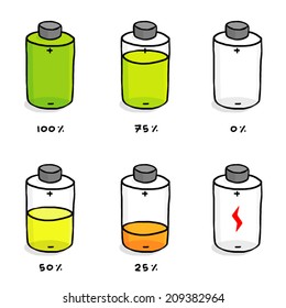 six level battery energy / cartoon vector and illustration, hand drawn style, isolated on white background.