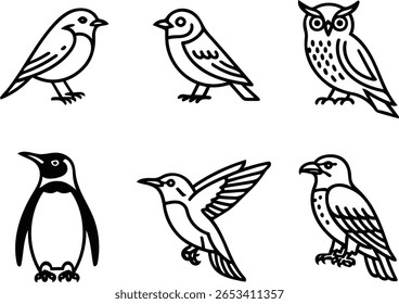 Seis Ilustrações de Pássaro de Arte de Linha: Robin, Pardal, Coruja, Pinguim, Beija-flor, Gavião; Estilo Simples, Limpo.
