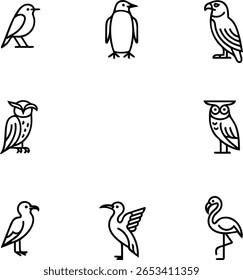 Seis Ilustrações de Pássaro de Arte de Linha: Robin, Pardal, Coruja, Pinguim, Beija-flor, Gavião; Estilo Simples, Limpo.