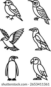 Seis Ilustrações de Pássaro de Arte de Linha: Robin, Pardal, Coruja, Pinguim, Beija-flor, Gavião; Estilo Simples, Limpo.
