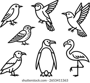 Seis Ilustrações de Pássaro de Arte de Linha: Robin, Pardal, Coruja, Pinguim, Beija-flor, Gavião; Estilo Simples, Limpo.