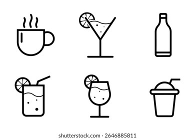 Six line art icons depict various beverages hot coffee, martini glass, bottle, juice with straw, wine glass, and a slushy cup.