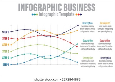 Six line charts. Business data. Progress, point, design. Creative concept for infographic, templates, presentation. Can be used for topics like finance, management, research.