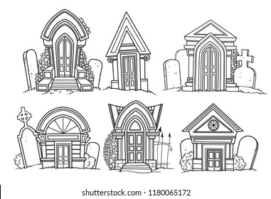 Six linear crypt images for coloring isolated on white background