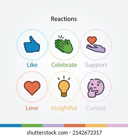 Six LinkedIn colorful reactions for advertising and social media posts. Vectors of reaction icons of including Like, Celebrate, Support, Love, Insightful and Curious. 