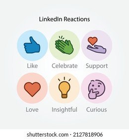 Six LinkedIn reactions for advertising and social media posts. Vectors of reaction icons of including Like, Celebrate, Support, Love, Insightful and Curious. 