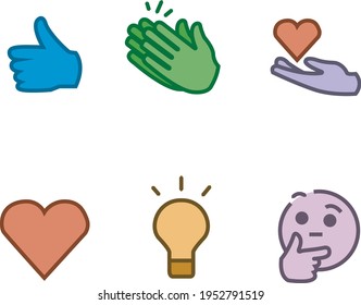 Six Linkedin reactions to posts or advertising. Vector of icons of social networks. Like, celebration, support, love, interesting and curiosity icons.
