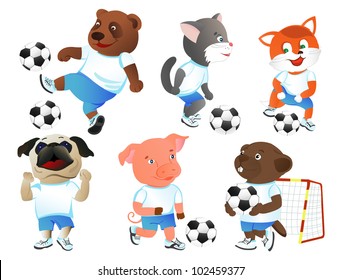 Six  little animals, footballers.Vector illustration