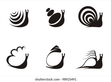 six logos constructed on the basis of a snail, black and white