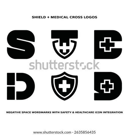 Six logos integrating shield and medical cross symbols. The designs use negative space in black fill on a light gray backdrop, conveying safety and healthcare.
