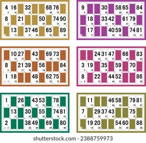 Six Lotto cards isolated on a white background