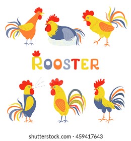 Six lovely cockerels on a white background. Illustration in flat style. Cocks crowing. Cock-a-doodle-doo. Cockerel slipping. Rooster symbol of Chinese New Year. Lettering is hand drawn svg