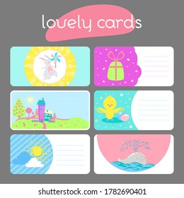 Six lovely horizontal seasonal summer and spring cards with cute rabbit, chicken, whale, sun, and gifts in vector for stickers, bookmarks, banners, prints and different kinds of childish accessories.