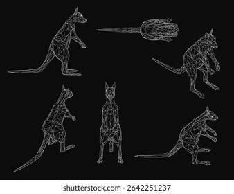 Seis cangurus poli baixo dispostos simetricamente sobre um fundo preto criam um contraste impressionante. Os animais geométricos formam uma composição equilibrada, com linhas limpas e bordas afiadas.
