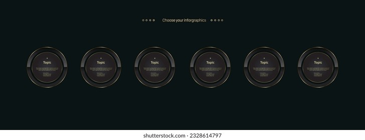 Six Luxury  multipurpose Infographic circle buttons and Golden template with 6 options and Premium gold elegant version on a dark background