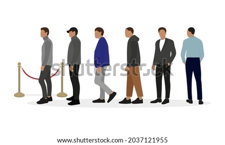 Six male characters stand in front of fence posts with red cord on white background