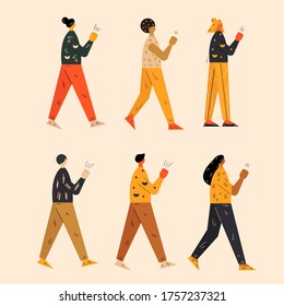 Six male and faceless female vector characters protesting concept. Protesting against racism. Human rights. Activists walking around vector illustration in modern colorful style eps 10.