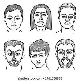 Six male faces of different appearances: African, Asian, North, Arab, Scandinavian and Native American. Black and white linear portraits.