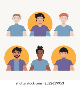 Six male-presenting avatars in a flat vector style.