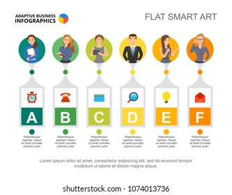 Six managers process chart template for presentation. Business data visualization. Success, workflow, idea, planning, teamwork or marketing creative concept for infographic, report, project layout.