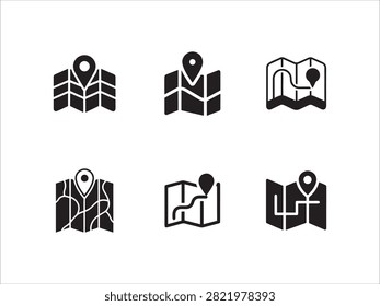 Six map pinpoint icons with location markers on folded paper designs