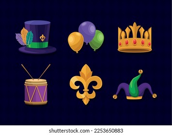 six mardi gras celebration set icons