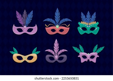 six mardi gras masks icon