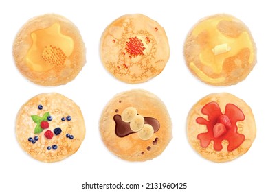 Six maslenitsa pancakes with different kind of toppings view from above realistic set isolated vector illustration