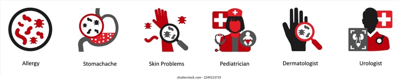 Six medical icons in red and black as allergy, stomachahe, skin problems