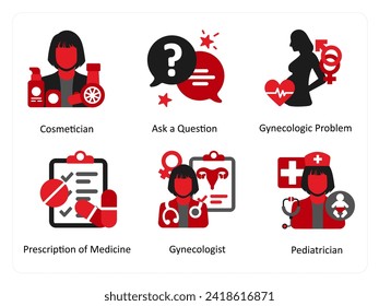 Six medical icons in red and black as cosmetician, ask a question, gynecologic problem