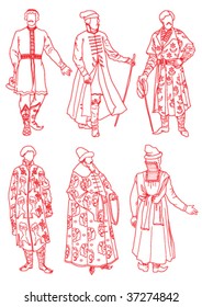 six men in the ancient Russian suits on a white background