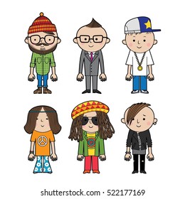 Six men in different clothes. Vector set of different subcultures man.