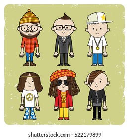 Six men in different clothes. Vector set of different subcultures man.