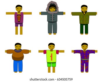 Six men in different summer and winter clothes.