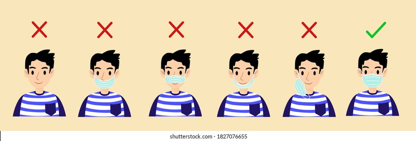 The six men showing how to wearing face mask correctly and incorrectly in flat design. The correct wearing mask are prevent the spread of the coronavirus and Covid-19 disease-vector and illustrations.