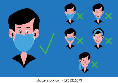 The six men teach how to use the face mask correctly and incorrectly in flat design. The correct use mask prevents the spread of the coronavirus and the Covid-19 disease vector
