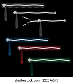 Six metal zippers isolated on black background