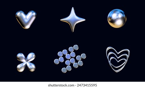 Six metallic shapes, including heart, star, sphere, flower, cluster of circles, and triple heart. The shapes are all silver and have a blue-purple iridescent sheen. 3D vector illustration