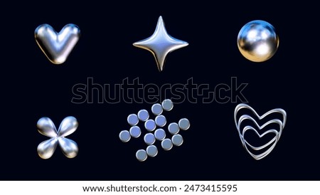 Six metallic shapes, including heart, star, sphere, flower, cluster of circles, and triple heart. The shapes are all silver and have a blue-purple iridescent sheen. 3D vector illustration