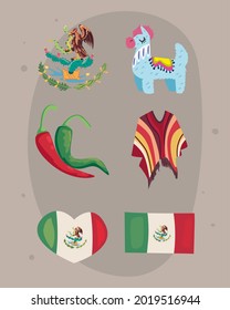 six mexican independence day set icons
