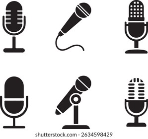 
Six Microphone Icon Set: Audio, Sound, Voice, Music, Recording, Studio, Broadcast