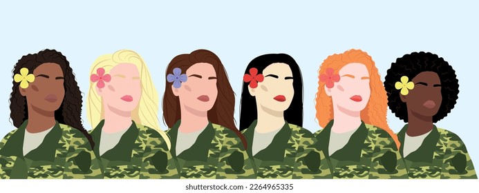 Six military women of different nationalities standing together. Women's friendship, union of feminists or sisterhood. Asian, african, european girls. Banner