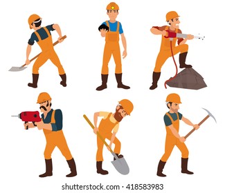 six miner isolated on white background. instruments miners mined in the ore mine. vector. 